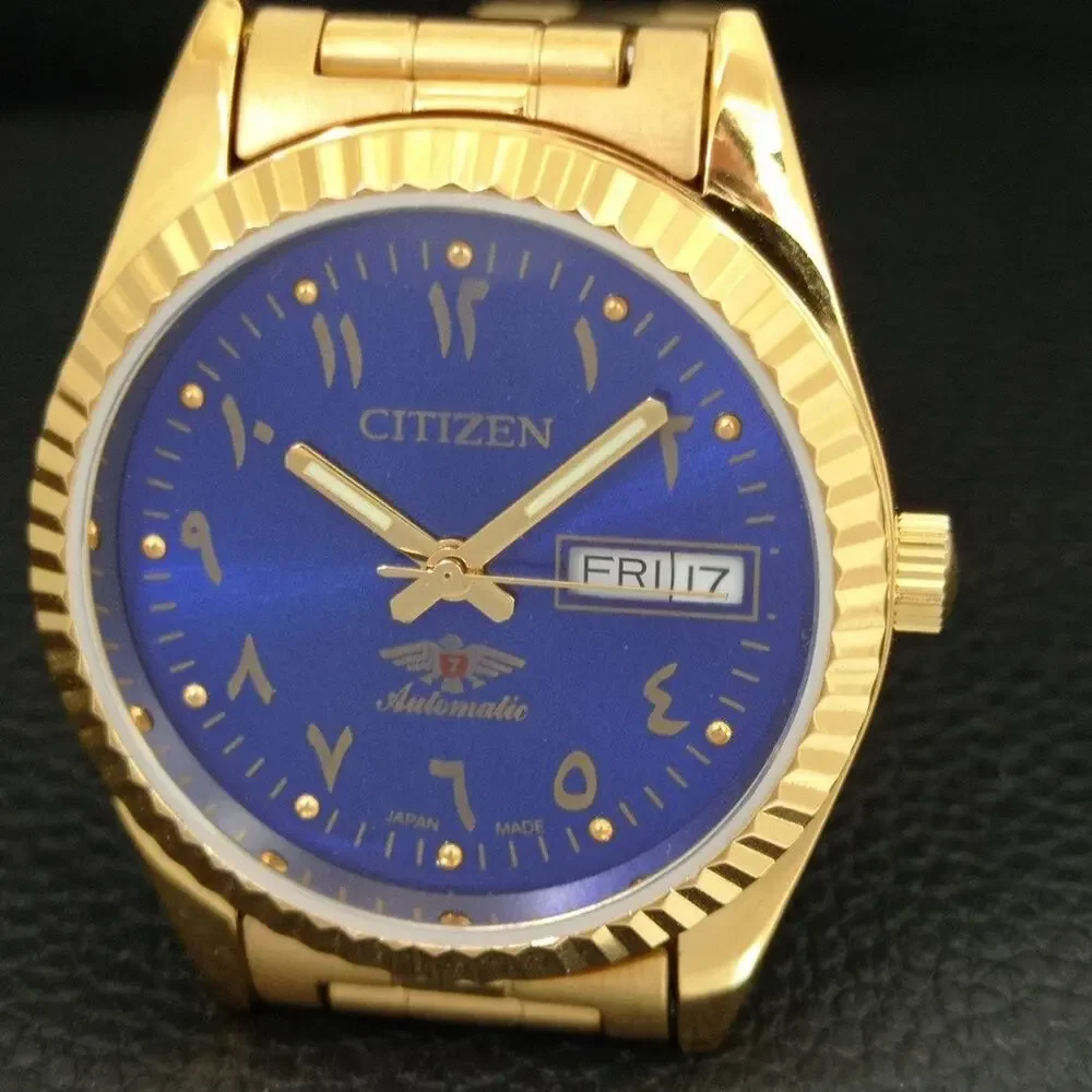 Vintage 1980 Citizen Automatic Mens Gold Watch W/daydate & Blue accents